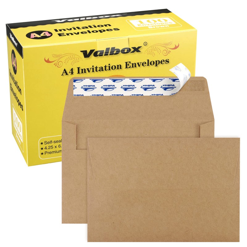 ValBox أظرف صور ValBox A4 100 عدد 4 x 6 أظرف ورق كرافت بني ذاتية الإغلاق لبطاقات 4x6، صور، حفلات زفاف، دعوات، حفلات استقبال المواليد، 4.25 x 6.25 بوصة (A4) - Image 1